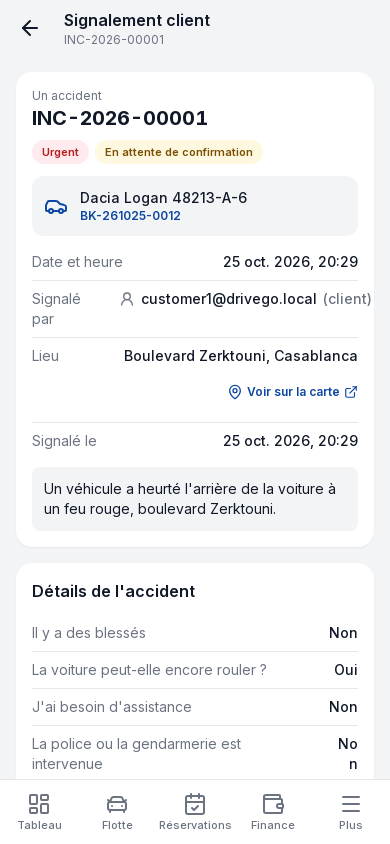 Signalement client : déclaration, zones, photos et résultat